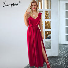 Cargar imagen en el visor de la galería, Simplee Sexy Pleated Ped l
Long Women&#39;s Dress Ruffles O Neck Split Maxi summer Dress 2019 Elegant female club vestidos de fiesta
