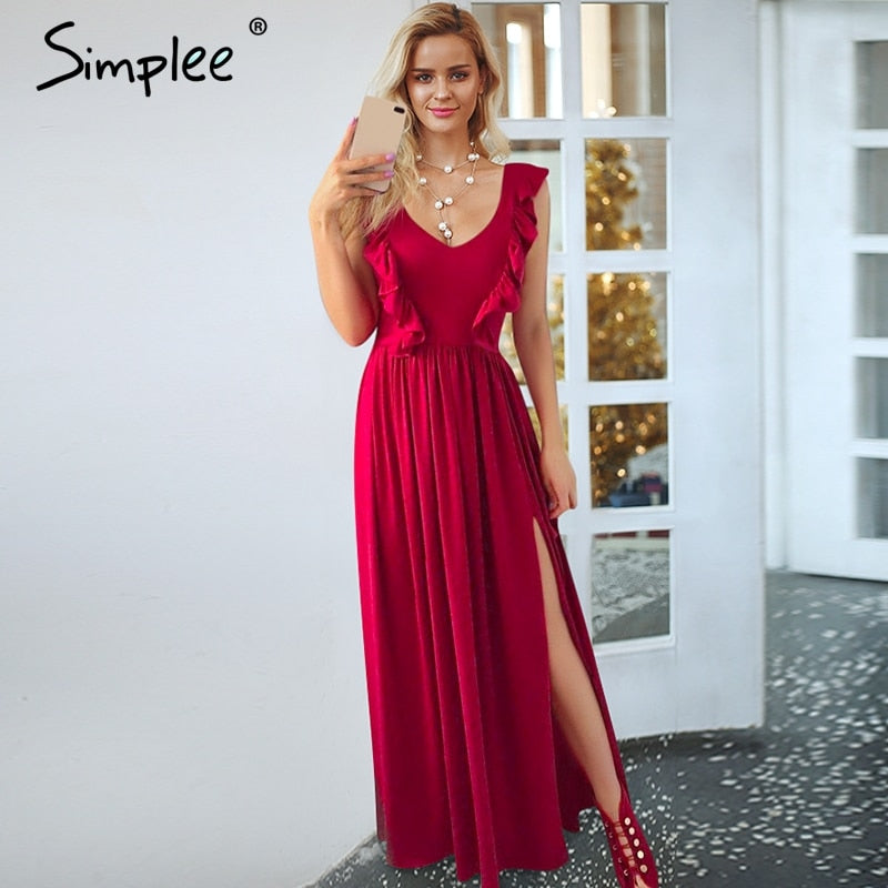 Simplee Sexy Pleated Ped l
Long Women's Dress Ruffles O Neck Split Maxi summer Dress 2019 Elegant female club vestidos de fiesta