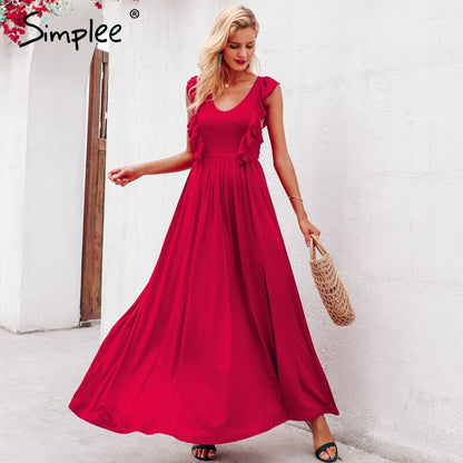 Simplee Sexy Pleated Ped l
Long Women's Dress Ruffles O Neck Split Maxi summer Dress 2019 Elegant female club vestidos de fiesta