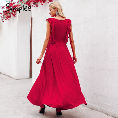 Simplee Sexy Pleated Ped l
Long Women's Dress Ruffles O Neck Split Maxi summer Dress 2019 Elegant female club vestidos de fiesta