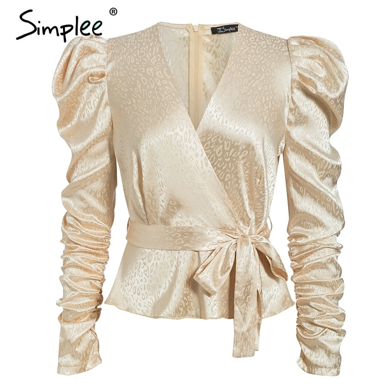 Simplee Women's Puff Sleeve Blouse V Neck Sash Belt Female Blouses Shirts Autumn Winter Party cCub Ladies Tops Blusa
