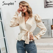 Charger l&#39;image dans la galerie, Simplee Women&#39;s Puff Sleeve Blouse V Neck Sash Belt Female Blouses Shirts Autumn Winter Party cCub Ladies Tops Blusa
