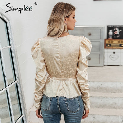 Simplee Women's Puff Sleeve Blouse V Neck Sash Belt Female Blouses Shirts Autumn Winter Party cCub Ladies Tops Blusa