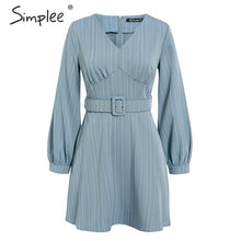 将图片加载到图库查看器，Simplee Sexy V Meck Striped Women&#39;s Dress Casual Long Sleeve Fashion Belt Blue A line female dress Autumn Winter office mini dress
