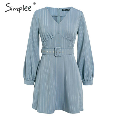 Simplee V-neck Striped Dress Casual Long Sleeve Wide Belt Blue A line Female Dress Autumn winter office mini dress