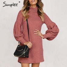 Charger l&#39;image dans la galerie, Simplee Turtleneck Lantern Sleeve Women&#39;s Dress Elegant Female Winter Sweater Ďress Casual Streetwear solid ladies midi dress 2019
