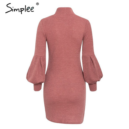 Simplee Turtleneck Lantern Sleeve Women's Dress Elegant Female Winter Sweater Ďress Casual Streetwear solid ladies midi dress 2019