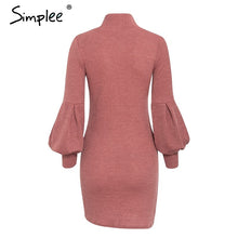 Charger l&#39;image dans la galerie, Simplee Turtleneck Lantern Sleeve Women&#39;s Dress Elegant Female Winter Sweater Ďress Casual Streetwear solid ladies midi dress 2019
