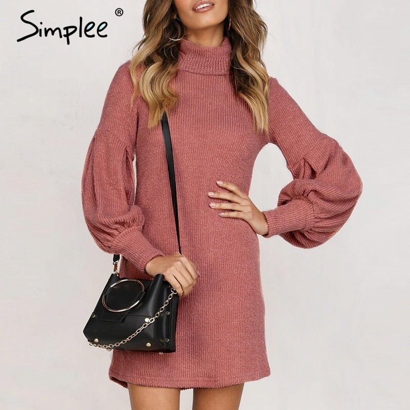 Simplee Turtleneck Lantern Sleeve Women's Dress Elegant Female Winter Sweater Ďress Casual Streetwear solid ladies midi dress 2019