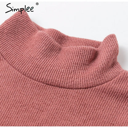 Simplee Turtleneck Lantern Sleeve Women's Dress Elegant Female Winter Sweater Ďress Casual Streetwear solid ladies midi dress 2019