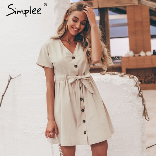 Simplee Vintage buttons Women's Dress V Neck Short Sleeve cotton linen Short Summer Office Dress Casual Korean Dress. Long Shirt. Long Blouse