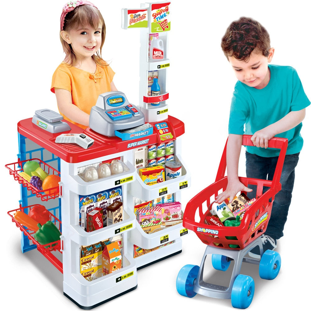 Simulation Toy Supermarket Checkout Scene Luxury Children House Shopping Cart Scanning Machine Silver Fruit