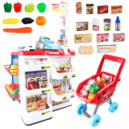 Simulation Toy Supermarket Checkout Scene Luxury Children House Shopping Cart Scanning Machine Silver Fruit