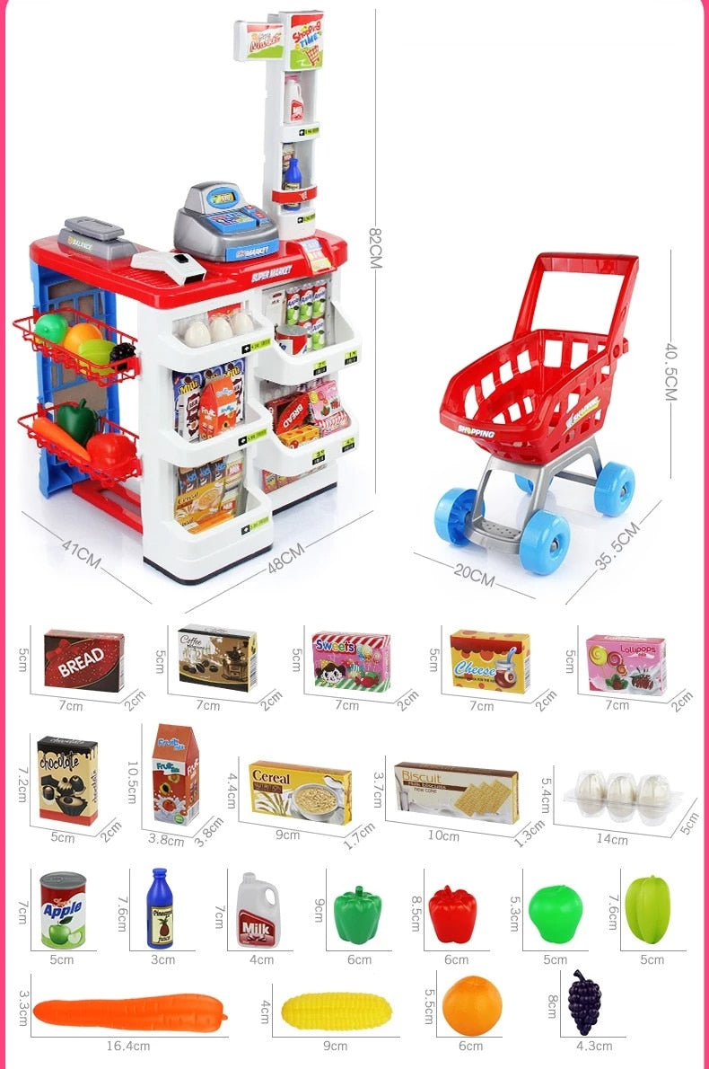 Simulation Toy Supermarket Checkout Scene Luxury Children House Shopping Cart Scanning Machine Silver Fruit