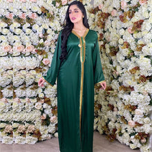 将图片加载到图库查看器，Siskakia Arabic Dresses Women Fall 2020 Golden Ribbon Patchwork V Neck Long Sleeve Maxi Dress Muslim Turkish Clothing Satin
