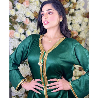 Siskakia Arabic Dresses Women Fall 2020 Golden Ribbon Patchwork V Neck Long Sleeve Maxi Dress Muslim Turkish Clothing Satin