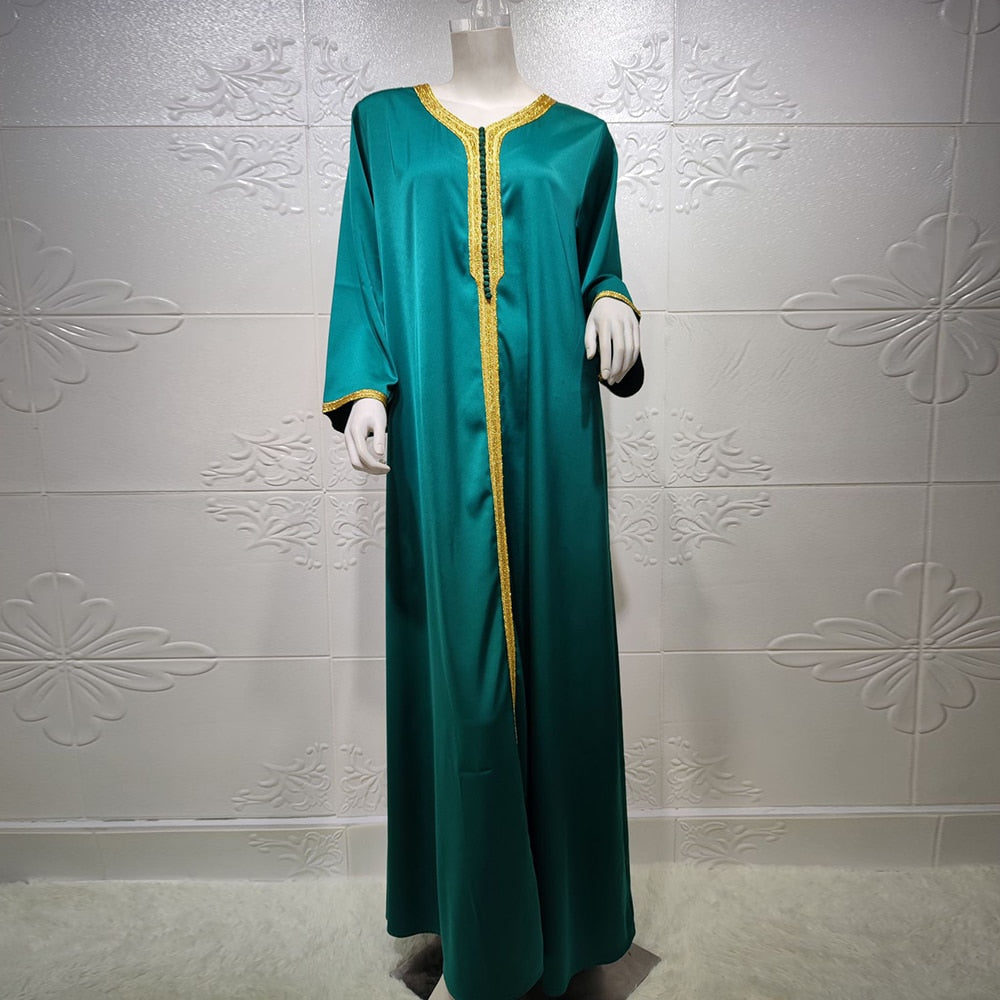Siskakia Arabic Dresses Women Fall 2020 Golden Ribbon Patchwork V Neck Long Sleeve Maxi Dress Muslim Turkish Clothing Satin