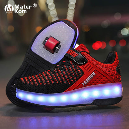Size 28-40 Roller Sneakers for Kids Boys LED Light Up Shoes with Double Wheels USB Charging Skate Shoes for Children Boys Girls