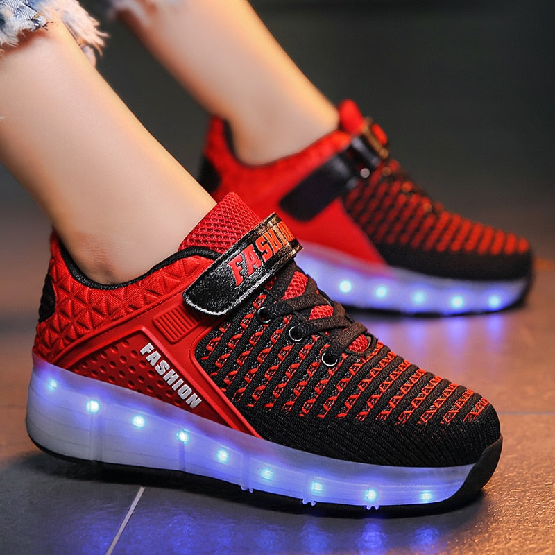 Size 28-40 Roller Sneakers for Kids Boys LED Light Up Shoes with Double Wheels USB Charging Skate Shoes for Children Boys Girls