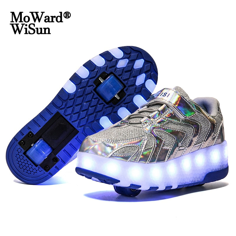 Size 28-41 Luminous Wheels Sneakers Kids Boys USB Charged Growing LED Roller Skate Shoes for Children Girls Double Wheels Shoes