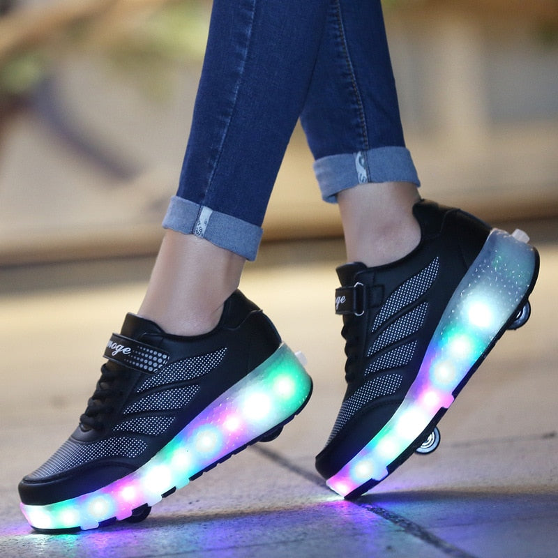 Size 28-41 Luminous Wheels Sneakers Kids Boys USB Charged Growing LED Roller Skate Shoes for Children Girls Double Wheels Shoes