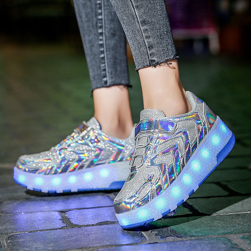 Size 28-41 Luminous Wheels Sneakers Kids Boys USB Charged Growing LED Roller Skate Shoes for Children Girls Double Wheels Shoes