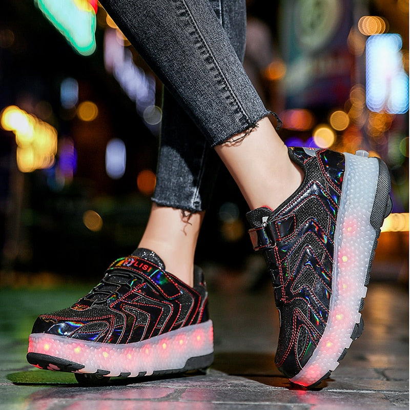 Size 28-41 Luminous Wheels Sneakers Kids Boys USB Charged Growing LED Roller Skate Shoes for Children Girls Double Wheels Shoes