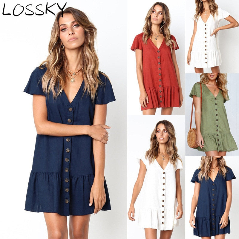 Solid Casual Mini Dress Sexy V Neck Short Sleeve Ruffle Buttons Women 2019 New Summer Dresses Cotton White Dress Female Vestidos