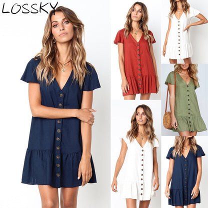 Solid Casual Mini Dress Sexy V Neck Short Sleeve Ruffle Buttons Women 2019 New Summer Dresses Cotton White Dress Female Vestidos
