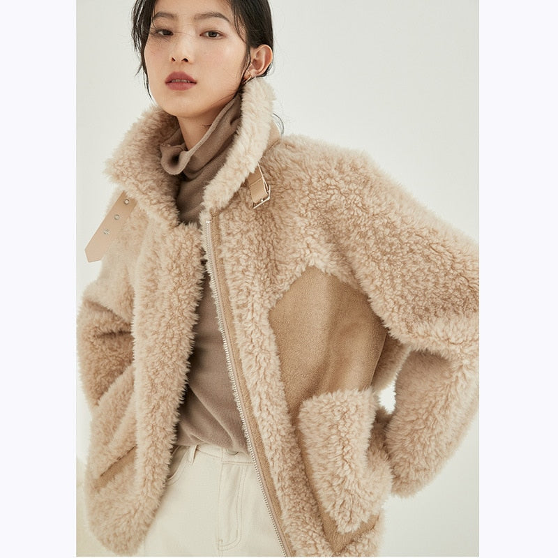 Solid Color Sheep Shearling Fur Short Coats Female Lady Women Composite Fur Wool Jackets Lambswool Warm Outwear Winter 2021 New