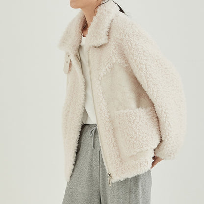 Solid Color Sheep Shearling Fur Short Coats Female Lady Women Composite Fur Wool Jackets Lambswool Warm Outwear Winter 2021 New
