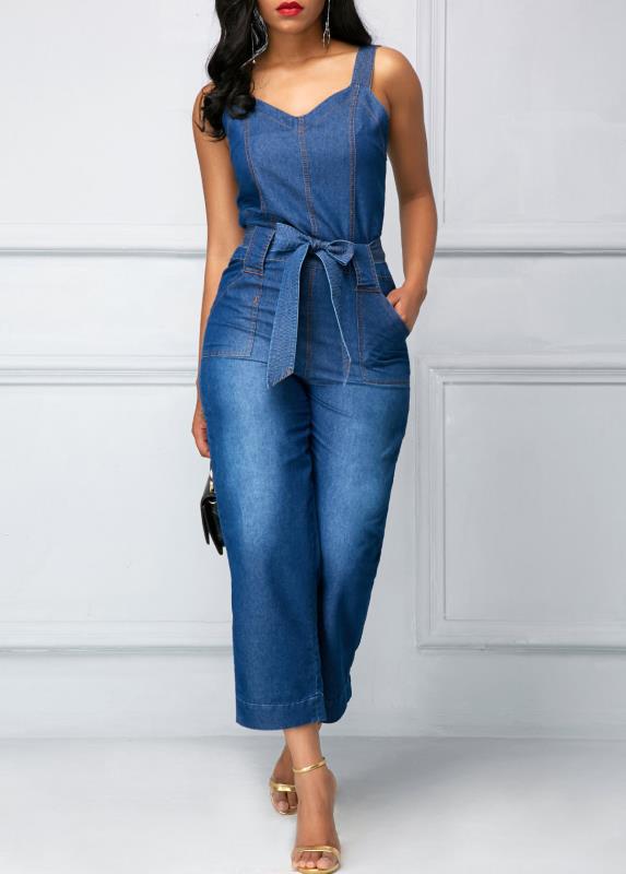 Solid Fashion Plus Size Jumpsuits Romper Denim Office Lady  Overalls for Women Spaghetti Strap Sleeveless  Outerwear