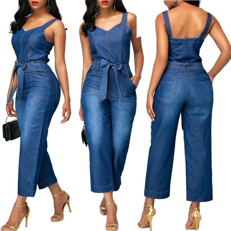 Solid Fashion Plus Size Jumpsuits Romper Denim Office Lady  Overalls for Women Spaghetti Strap Sleeveless  Outerwear