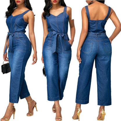 Solid Fashion Plus Size Jumpsuits Romper Denim Office Lady  Overalls for Women Spaghetti Strap Sleeveless  Outerwear
