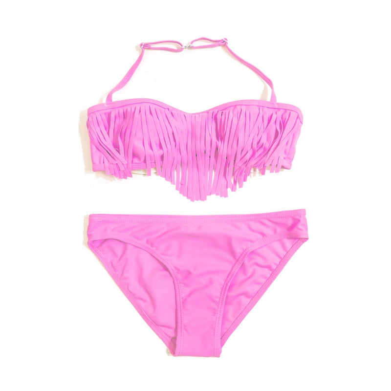 Solid Tassel Girls Bikini 2020 Children Swimwear Swimsuit Bandage Brazilian Bikinis Set Cute Kids Swimsuits Bathing Suit 104