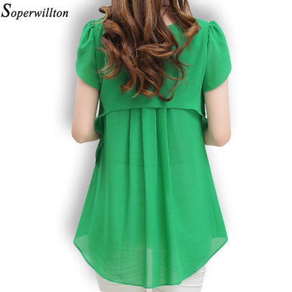 Soperwillton 2020 New Summer Women Blouse Loose Shirt O-Neck Chiffon Blouse Female Short Sleeve Blouse Plus Size 5XL Shirts Tops