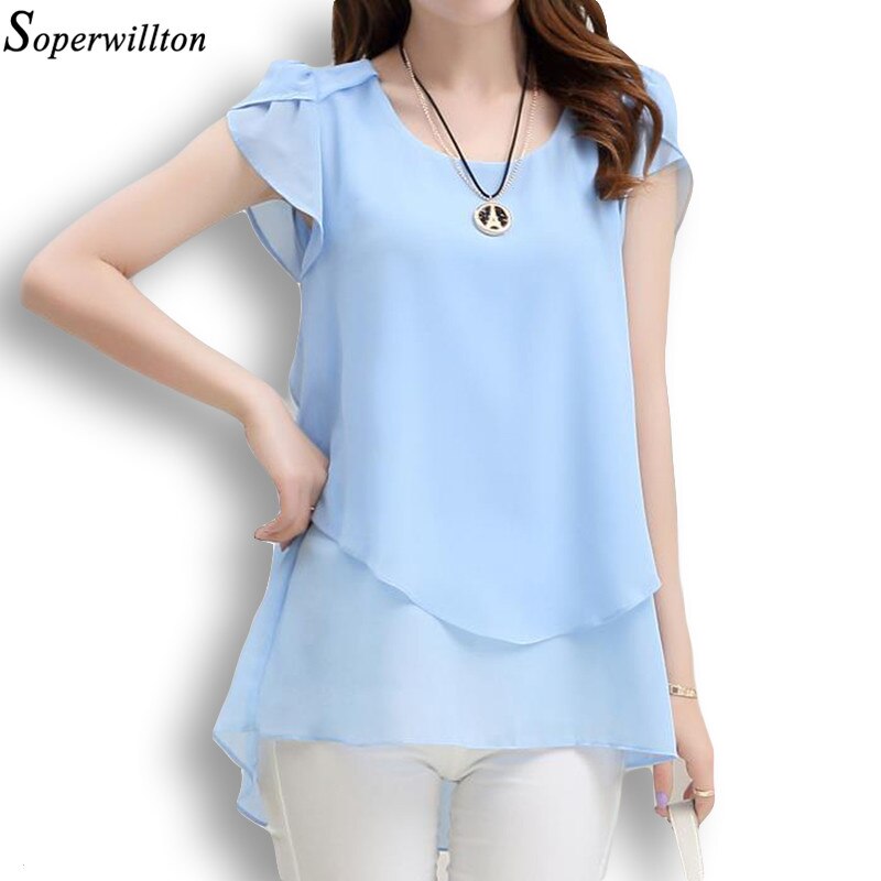 Soperwillton 2020 New Summer Women Blouse Loose Shirt O-Neck Chiffon Blouse Female Short Sleeve Blouse Plus Size 5XL Shirts Tops