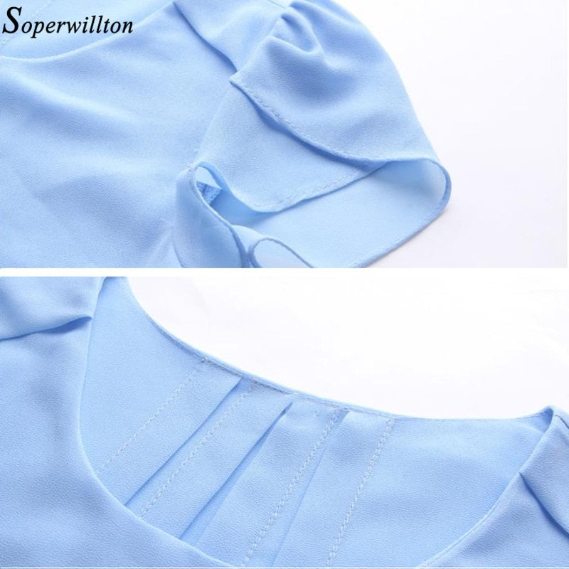 Soperwillton 2020 New Summer Women Blouse Loose Shirt O-Neck Chiffon Blouse Female Short Sleeve Blouse Plus Size 5XL Shirts Tops