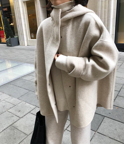 South Korea dongdamen 19 winter new loose cocoon type hidden button hooded double side cashmere wool overcoat women's short