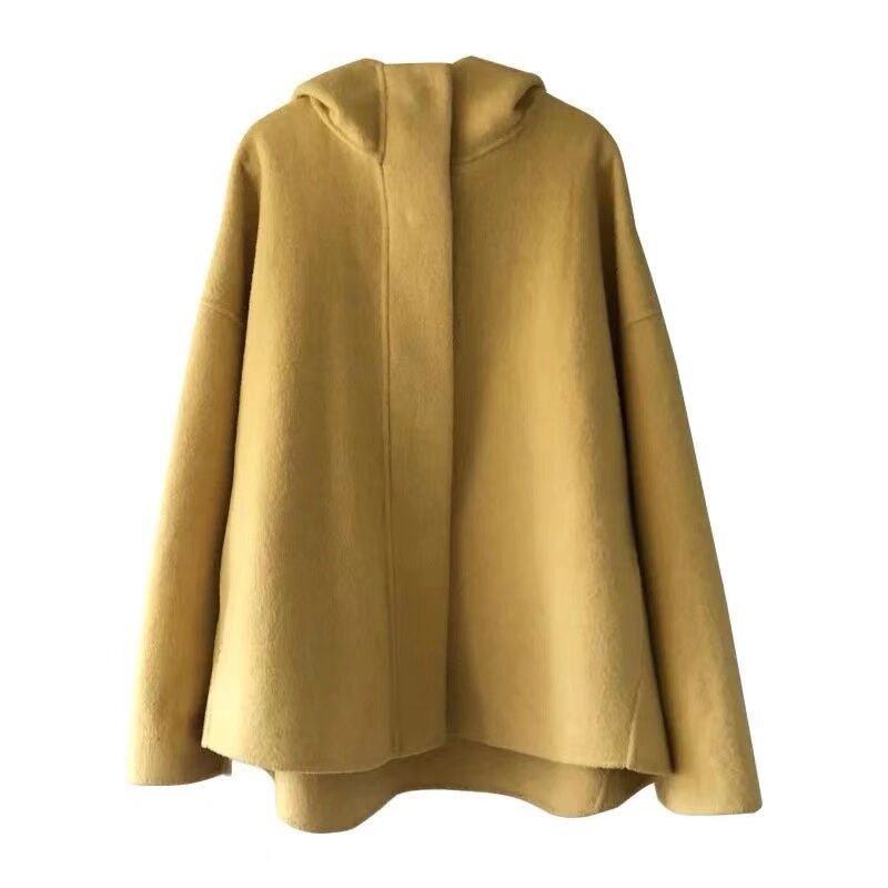 South Korea dongdamen 19 winter new loose cocoon type hidden button hooded double side cashmere wool overcoat women's short