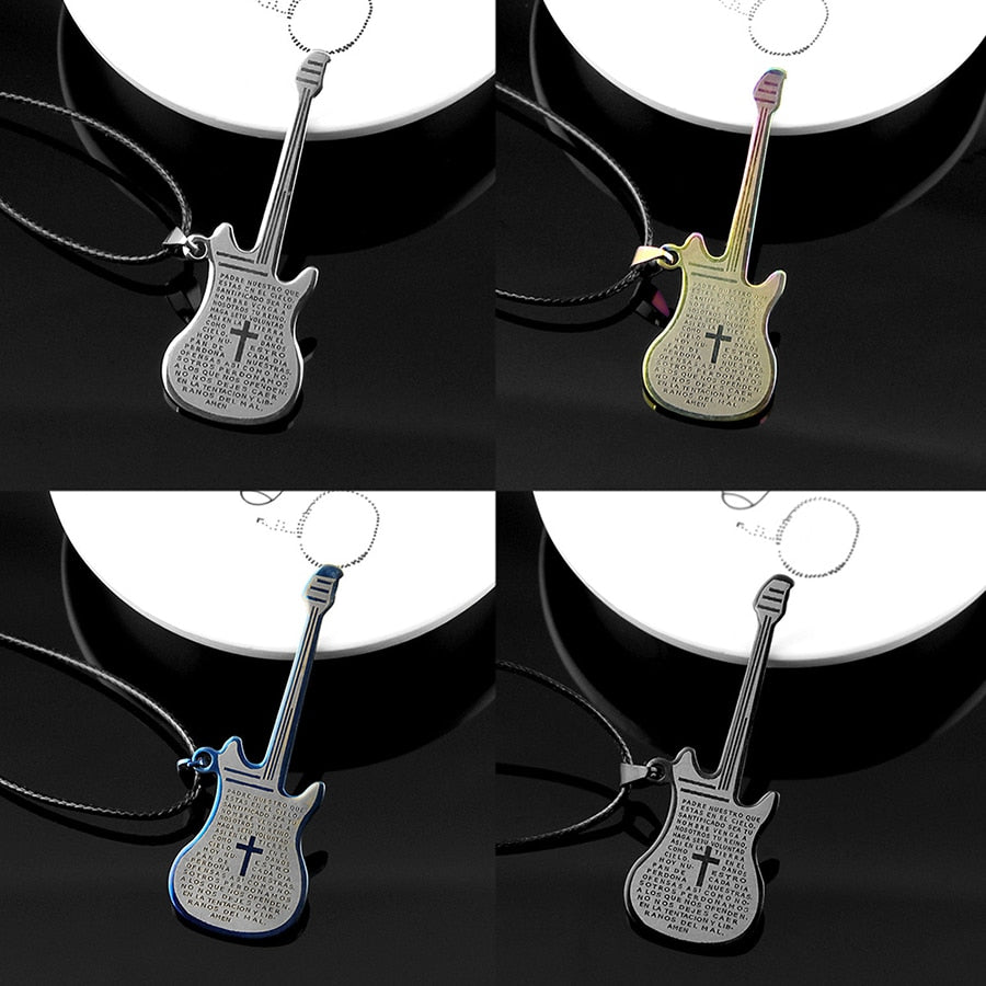 Spanish Bible Lord's Prayer Men Titanium Steel Guitar Necklace Women Musical Instrument Bass Pendant Unisex Jewelry Gift Trendy