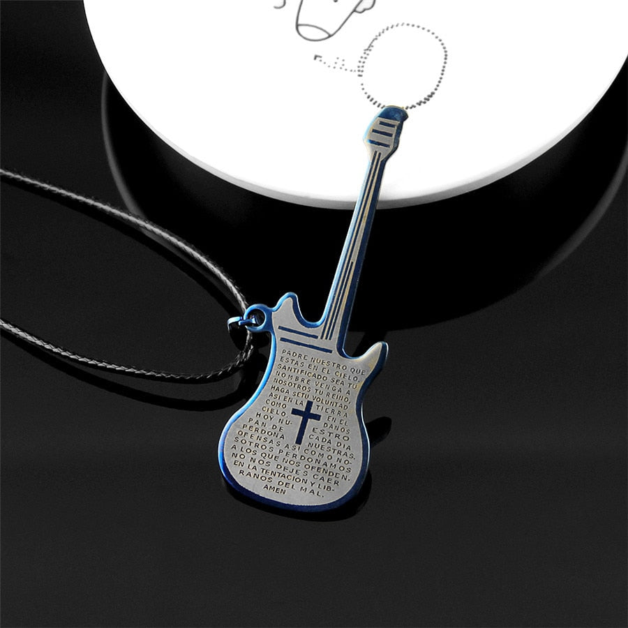 Spanish Bible Lord's Prayer Men Titanium Steel Guitar Necklace Women Musical Instrument Bass Pendant Unisex Jewelry Gift Trendy