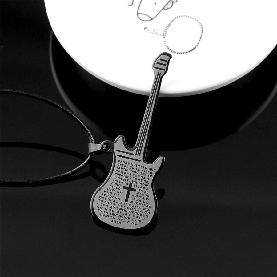 Spanish Bible Lord's Prayer Men Titanium Steel Guitar Necklace Women Musical Instrument Bass Pendant Unisex Jewelry Gift Trendy