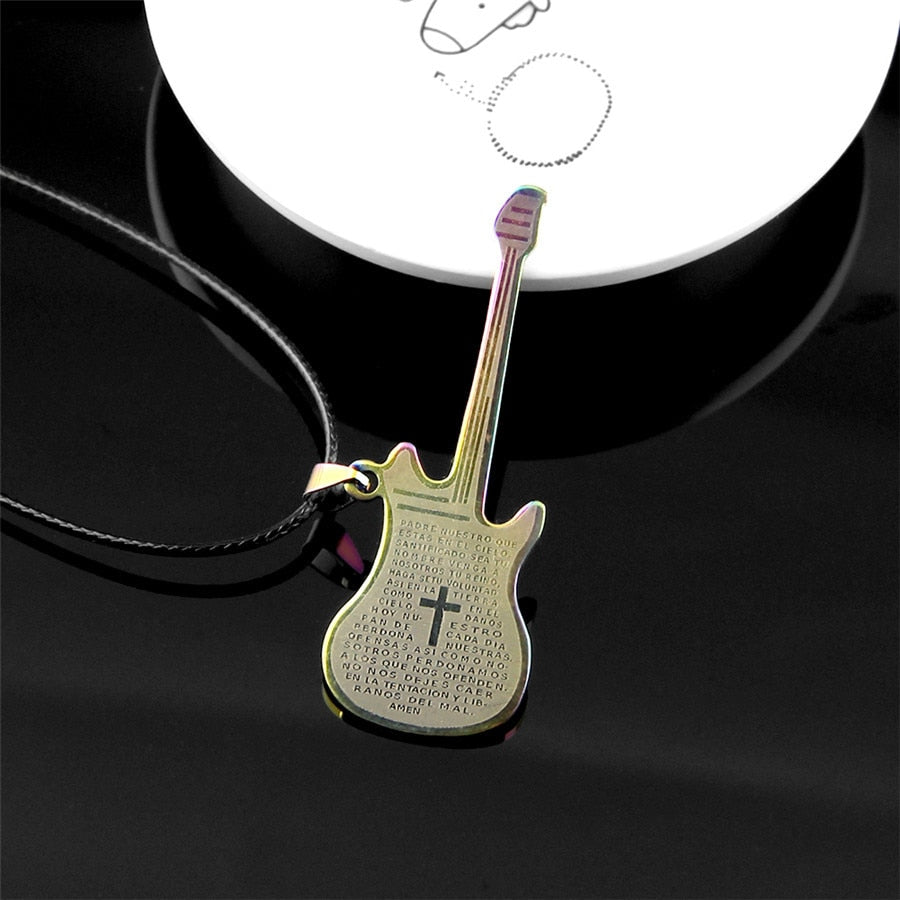 Spanish Bible Lord's Prayer Men Titanium Steel Guitar Necklace Women Musical Instrument Bass Pendant Unisex Jewelry Gift Trendy