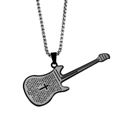 Spanish Bible Lord's Prayer Men Titanium Steel Guitar Necklace Women Musical Instrument Bass Pendant Unisex Jewelry Gift Trendy