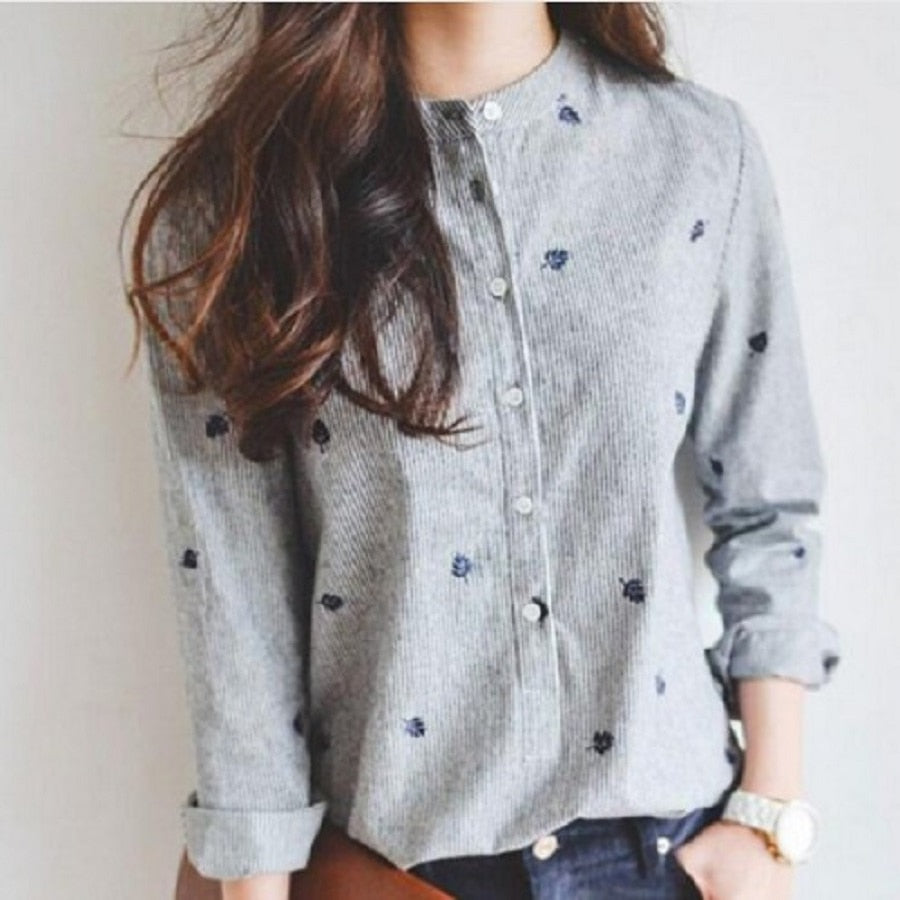 Women's Leaves Embroidery Long Sleeve Women Blouses Female Ladies Casual Shirts Women Tops Striped Blusas femininas