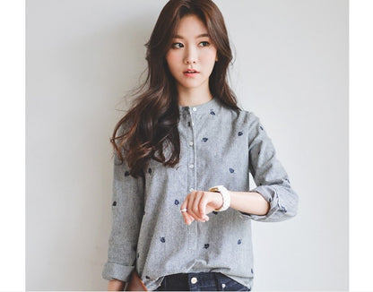 Women's Leaves Embroidery Long Sleeve Women Blouses Female Ladies Casual Shirts Women Tops Striped Blusas femininas