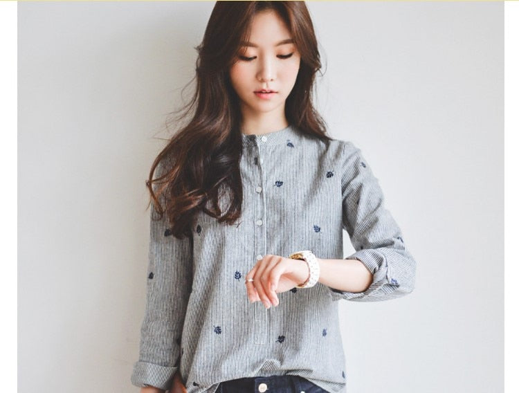 Women's Leaves Embroidery Long Sleeve Women Blouses Female Ladies Casual Shirts Women Tops Striped Blusas femininas