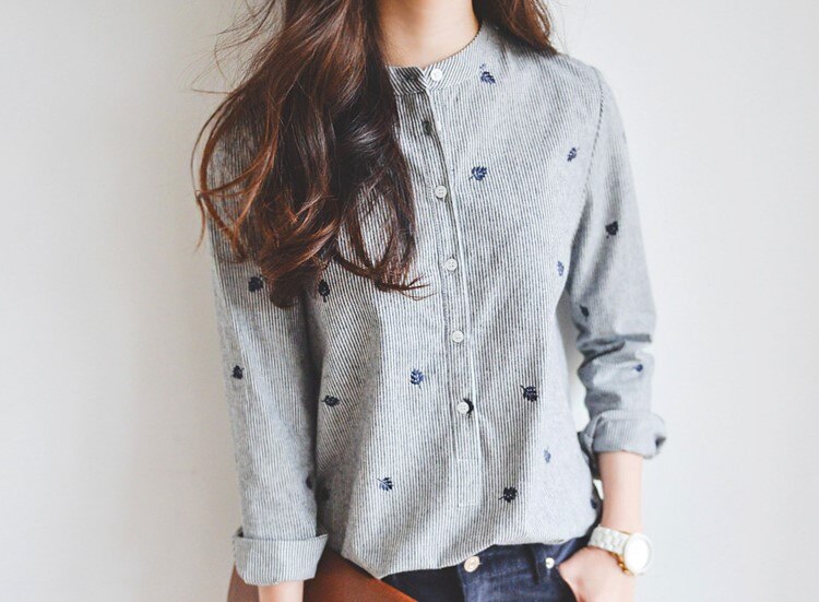 Women's Leaves Embroidery Long Sleeve Women Blouses Female Ladies Casual Shirts Women Tops Striped Blusas femininas