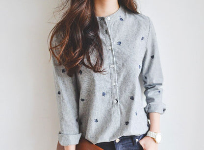 Women's Leaves Embroidery Long Sleeve Women Blouses Female Ladies Casual Shirts Women Tops Striped Blusas femininas